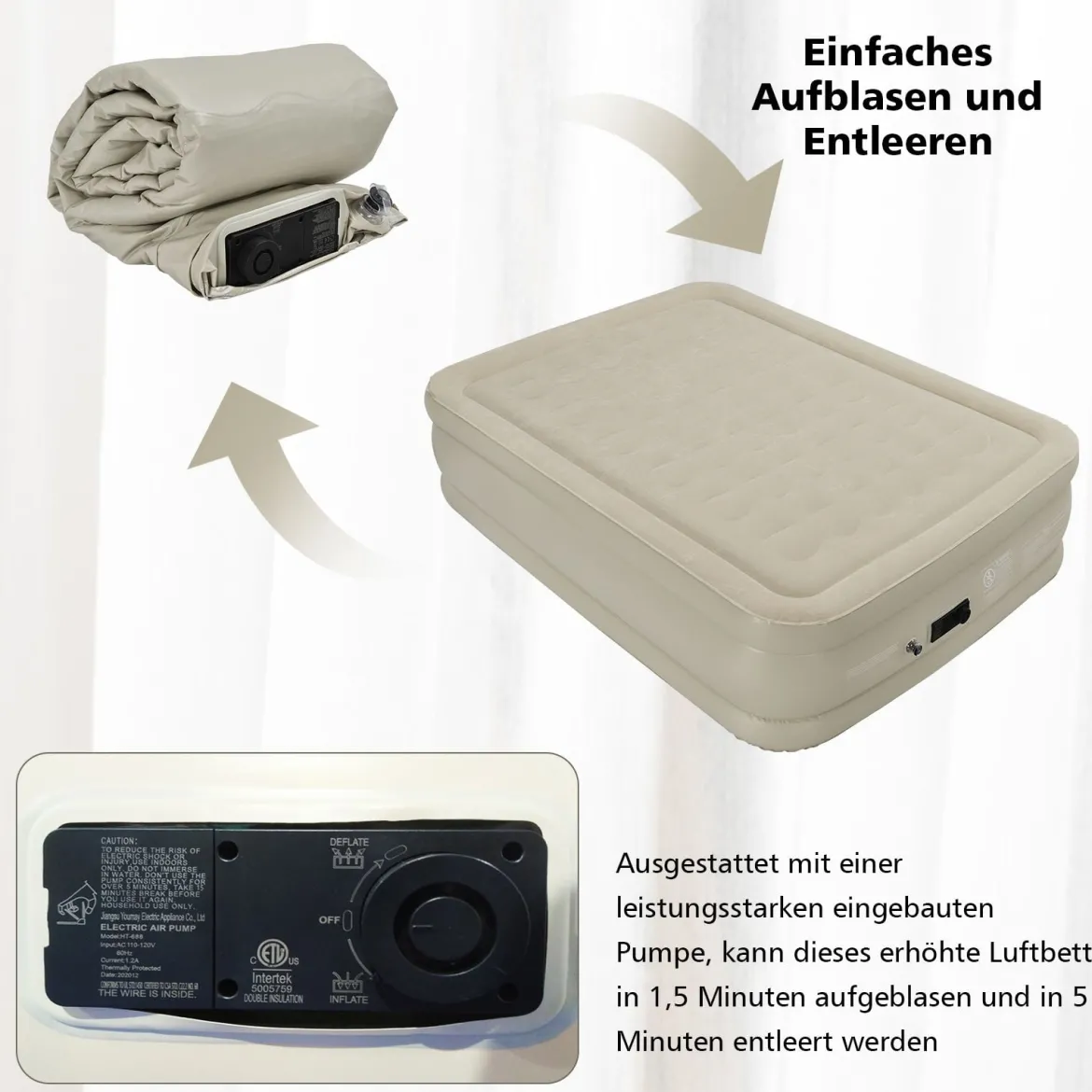Luftmatratze erhöhte Luftmatratze Luftbett mit eingebauter Pumpe 203 x 152 x 56 cm Beige