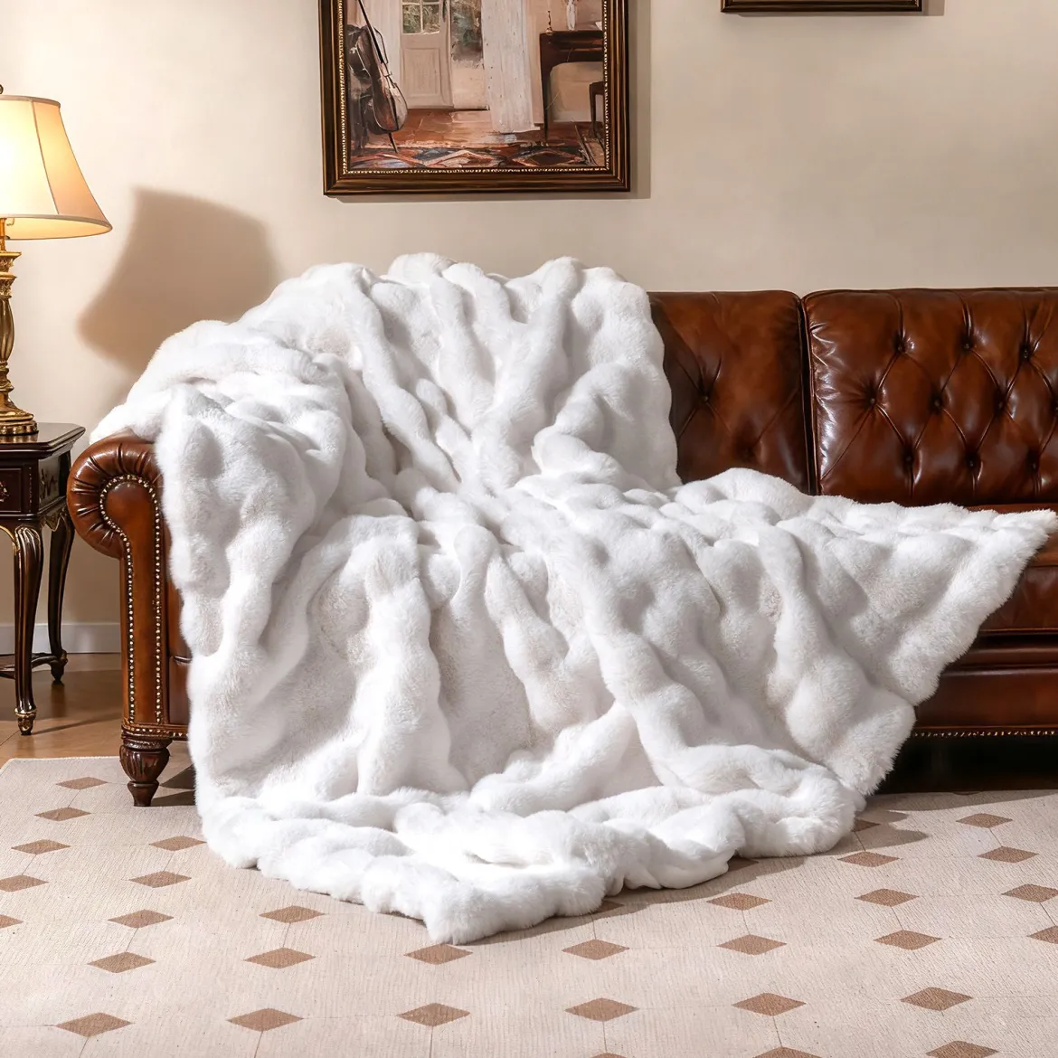 Luxuriöse Kunstpelz-Decke Flauschige Plüsch Kaninchenfell Blasen Decke Beige 153 x 203 cm