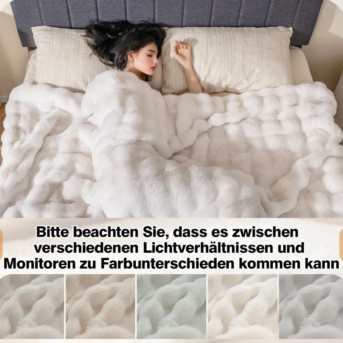 Luxuriöse Kunstpelz-Decke Flauschige Plüsch Kaninchenfell Blasen Decke Beige 178 x 203 cm