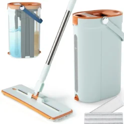 2,4L Wischmopp & Eimersystem mit Auswringfunktion mit 6er Set Wiederverwendbare Mikrofaser-Pads