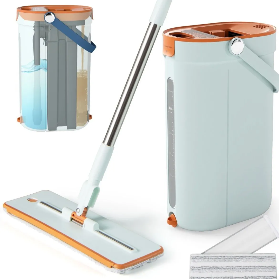 2,4L Wischmopp & Eimersystem mit Auswringfunktion mit 6er Set Wiederverwendbare Mikrofaser-Pads