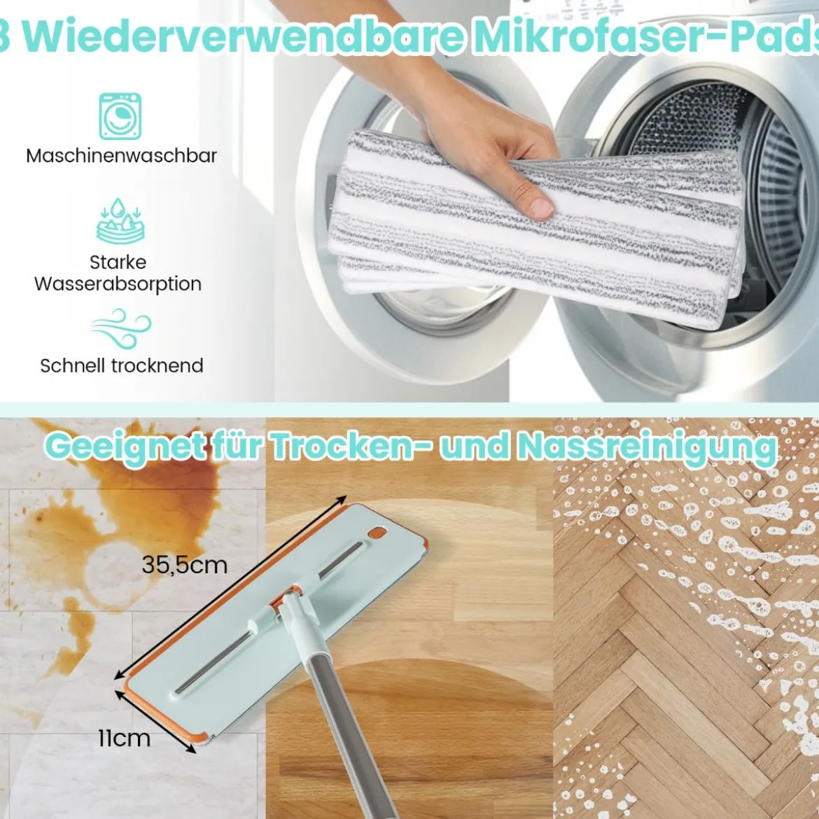 2,4L Wischmopp & Eimersystem mit Auswringfunktion mit 6er Set Wiederverwendbare Mikrofaser-Pads