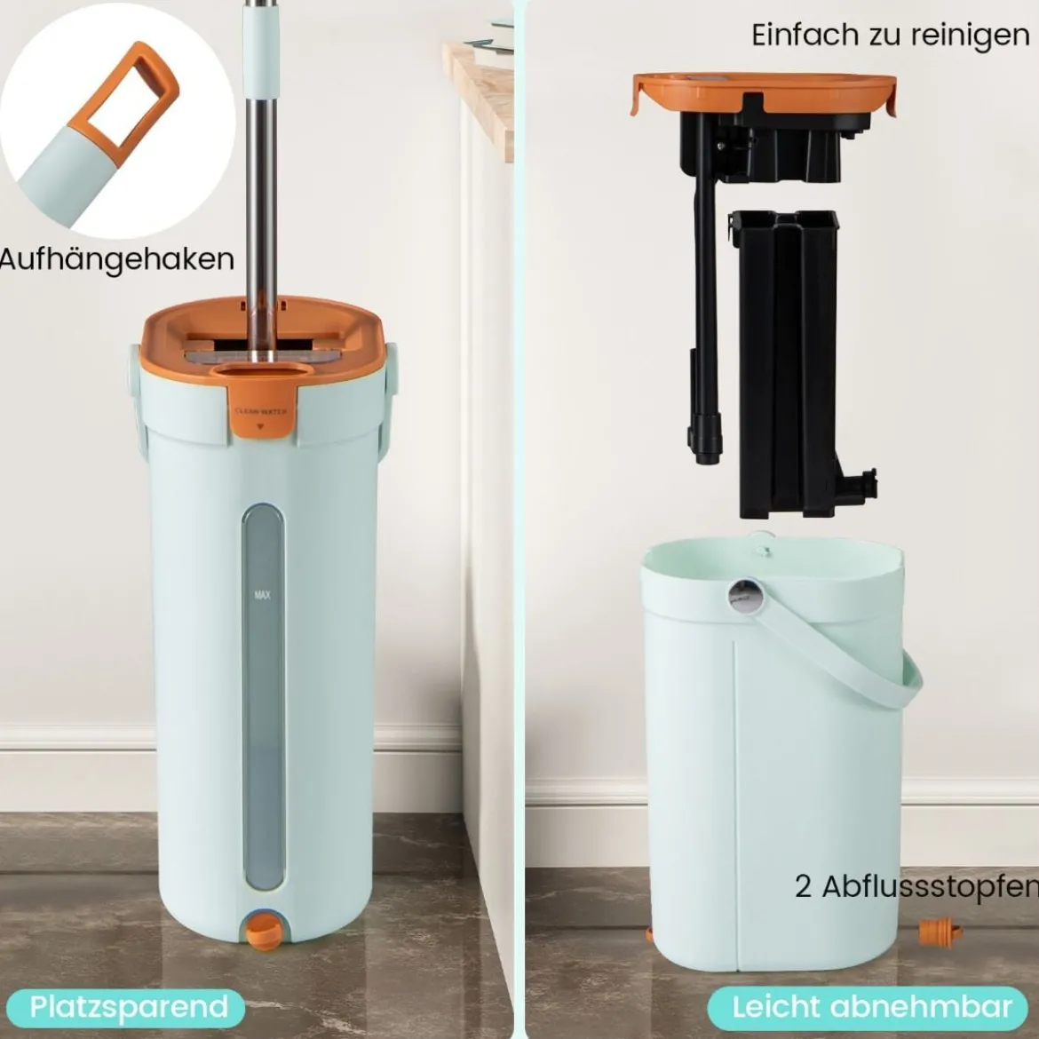 2,4L Wischmopp & Eimersystem mit Auswringfunktion mit 6er Set Wiederverwendbare Mikrofaser-Pads