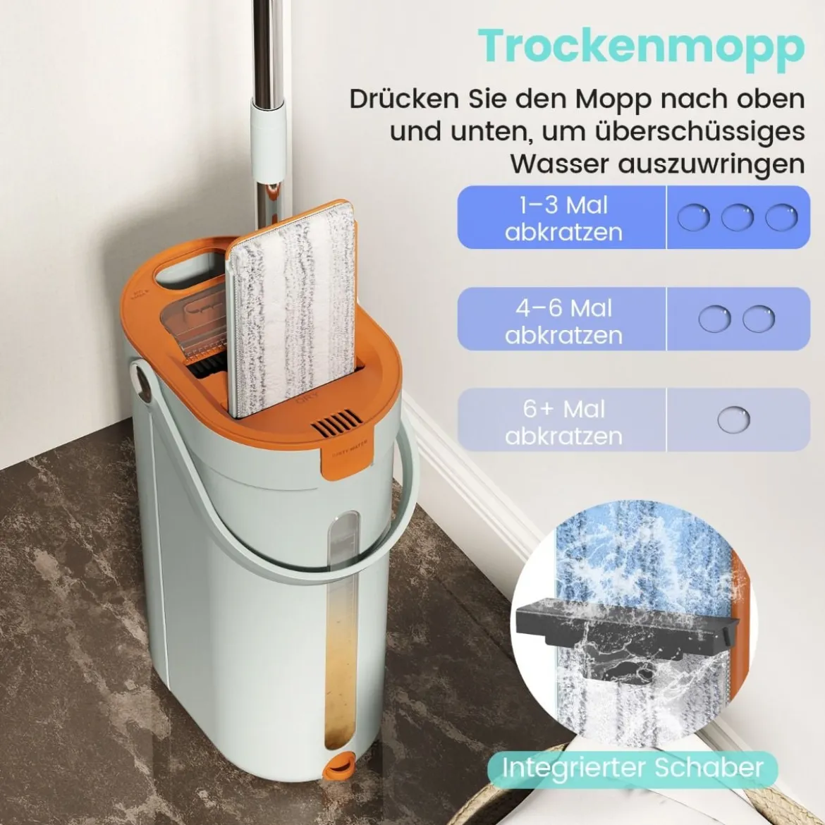 2,4L Wischmopp & Eimersystem mit Auswringfunktion mit 6er Set Wiederverwendbare Mikrofaser-Pads