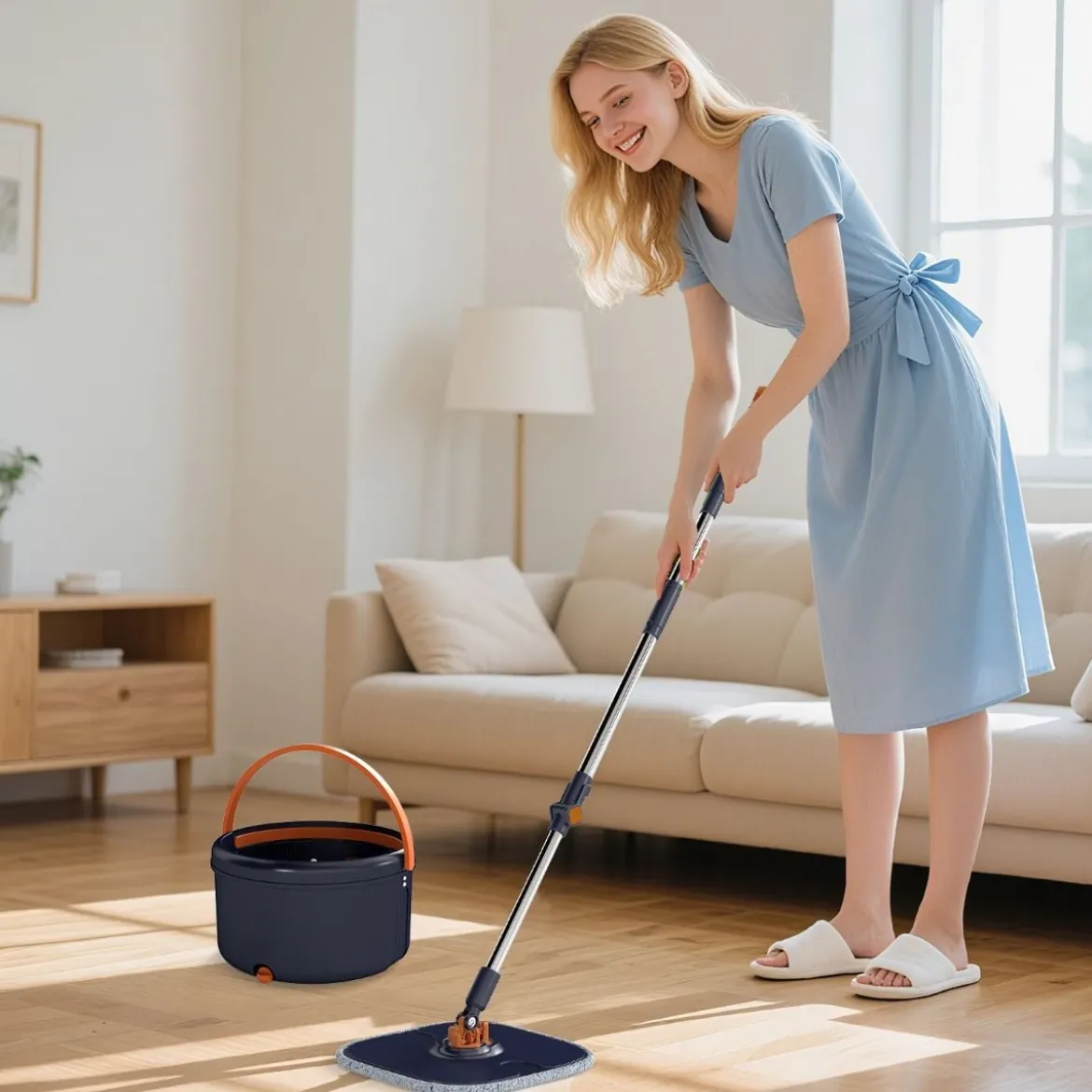 4L Wischmopp & Eimersystem mit Wringer & 360° Drehkopf Flacher Bodenwischmopp Blau