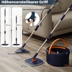 4L Wischmopp & Eimersystem mit Wringer & 360° Drehkopf Flacher Bodenwischmopp Blau