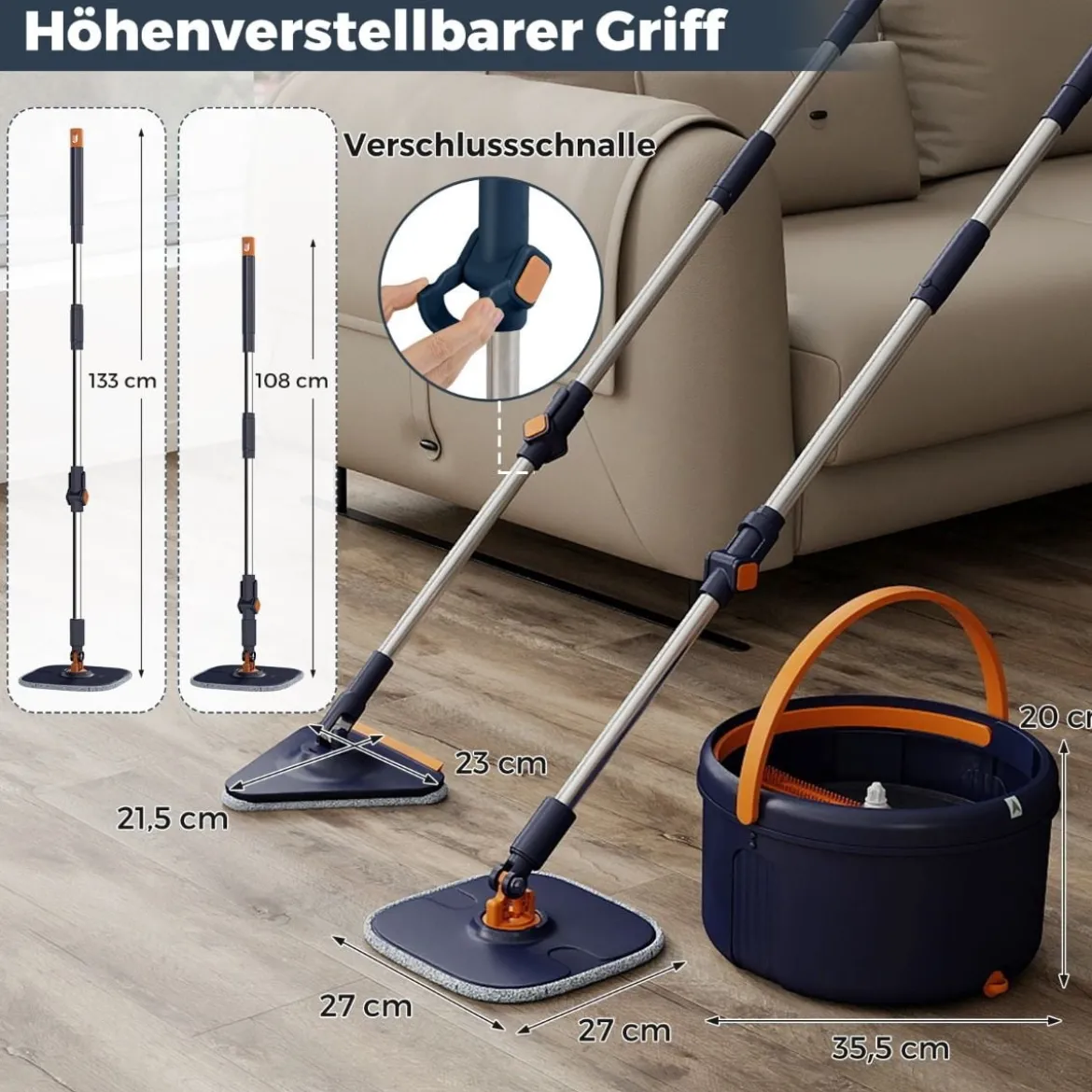 4L Wischmopp & Eimersystem mit Wringer & 360° Drehkopf Flacher Bodenwischmopp Blau