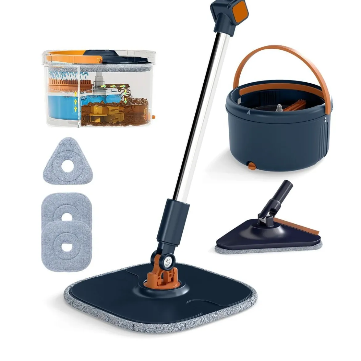 4L Wischmopp & Eimersystem mit Wringer & 360° Drehkopf Flacher Bodenwischmopp Blau