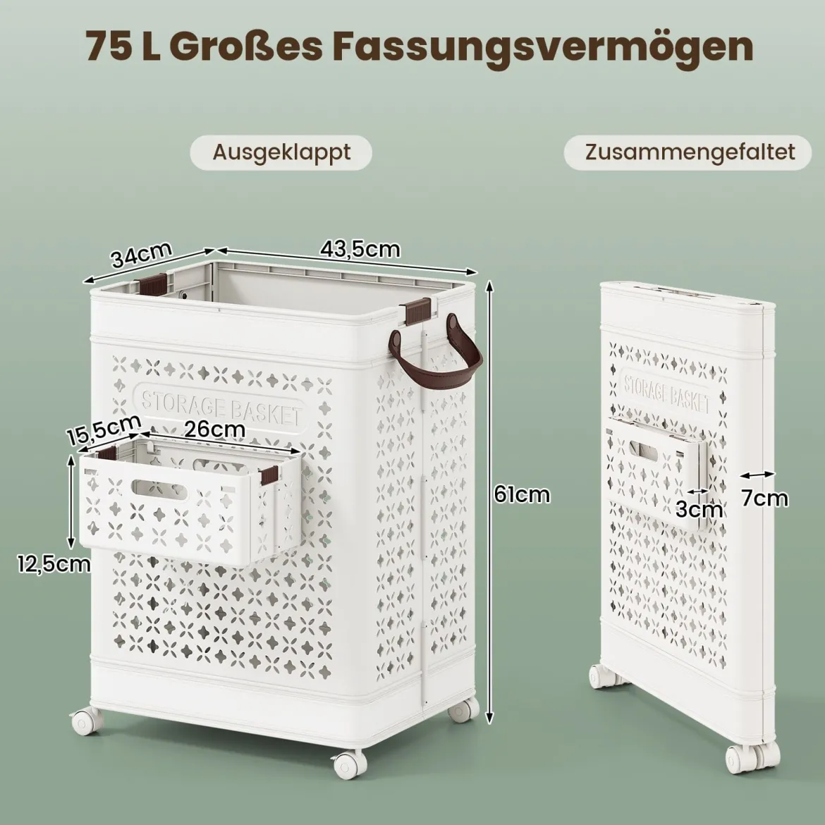 75L Wäschekorb auf Rädern Raumsparender Wäschesammler Aufbewahrungsbehälter Weiß