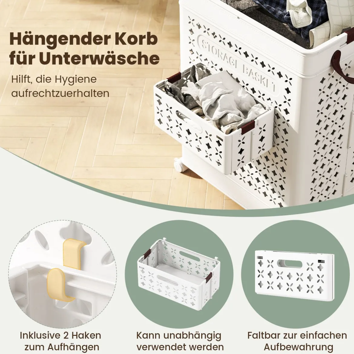 75L Wäschekorb auf Rädern Raumsparender Wäschesammler Aufbewahrungsbehälter Weiß