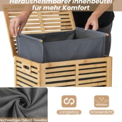 80L Wäschekorb mit Deckel & Herausnehmbaren Waschbaren Wäschesack Bambus Wäschesammler