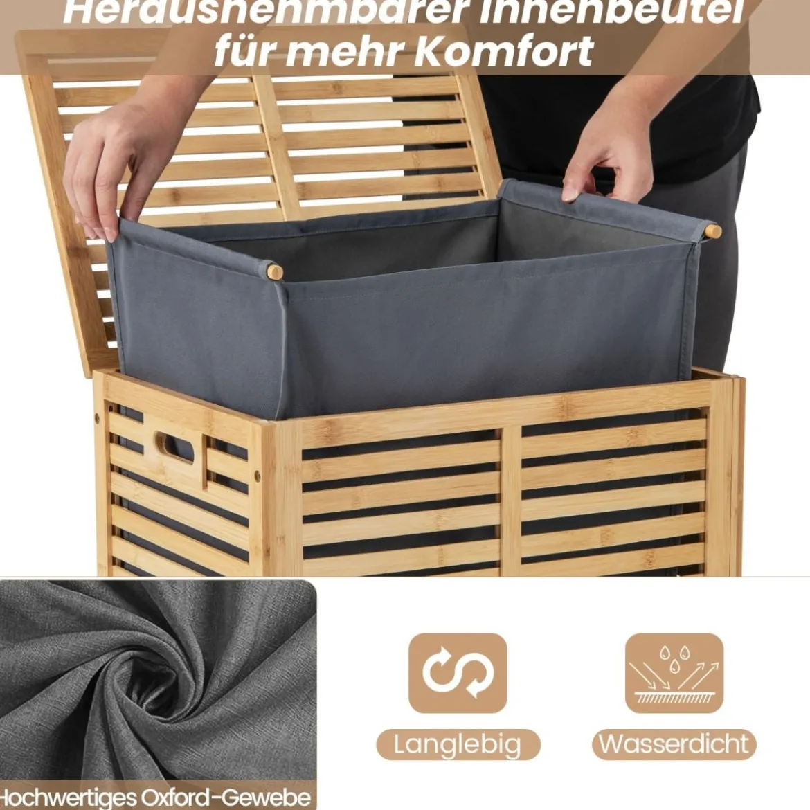 80L Wäschekorb mit Deckel & Herausnehmbaren Waschbaren Wäschesack Bambus Wäschesammler