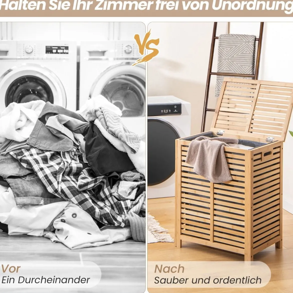 80L Wäschekorb mit Deckel & Herausnehmbaren Waschbaren Wäschesack Bambus Wäschesammler