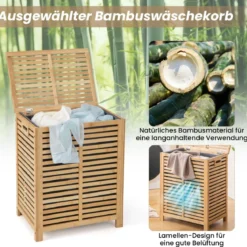 80L Wäschekorb mit Deckel & Herausnehmbaren Waschbaren Wäschesack Bambus Wäschesammler