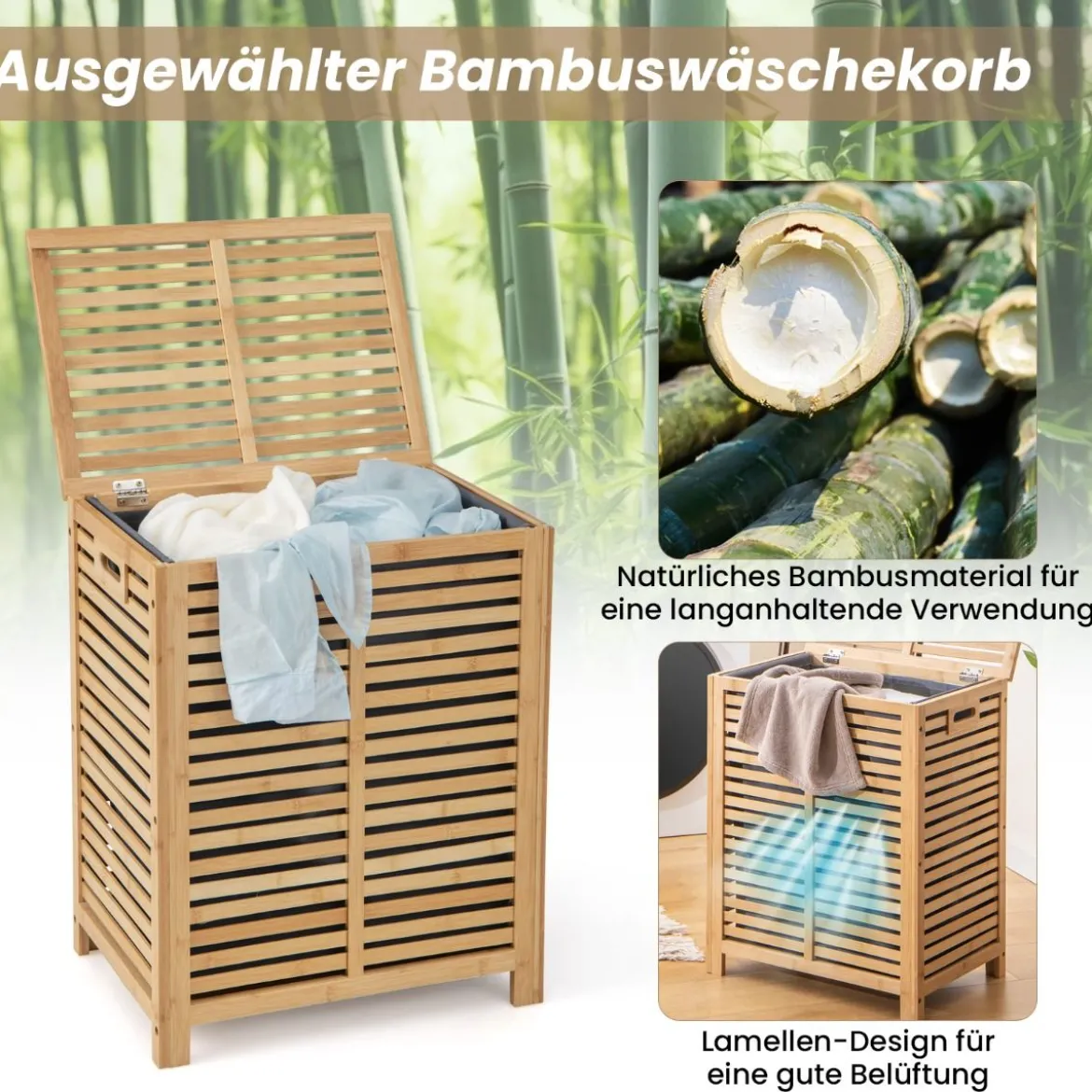 80L Wäschekorb mit Deckel & Herausnehmbaren Waschbaren Wäschesack Bambus Wäschesammler