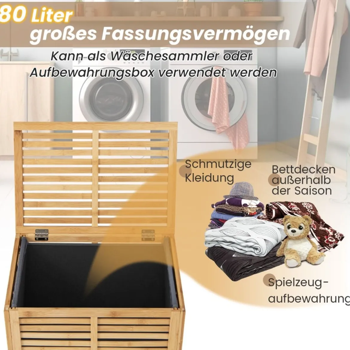 80L Wäschekorb mit Deckel & Herausnehmbaren Waschbaren Wäschesack Bambus Wäschesammler