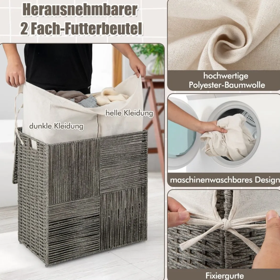 10L Wäschekorb mit Deckel Wäschesammler mit 2 Fächern Wäschesortierer klapbbar mit Griff 57 x 33 x 62 cm Grau