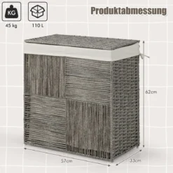 10L Wäschekorb mit Deckel Wäschesammler mit 2 Fächern Wäschesortierer klapbbar mit Griff 57 x 33 x 62 cm Grau