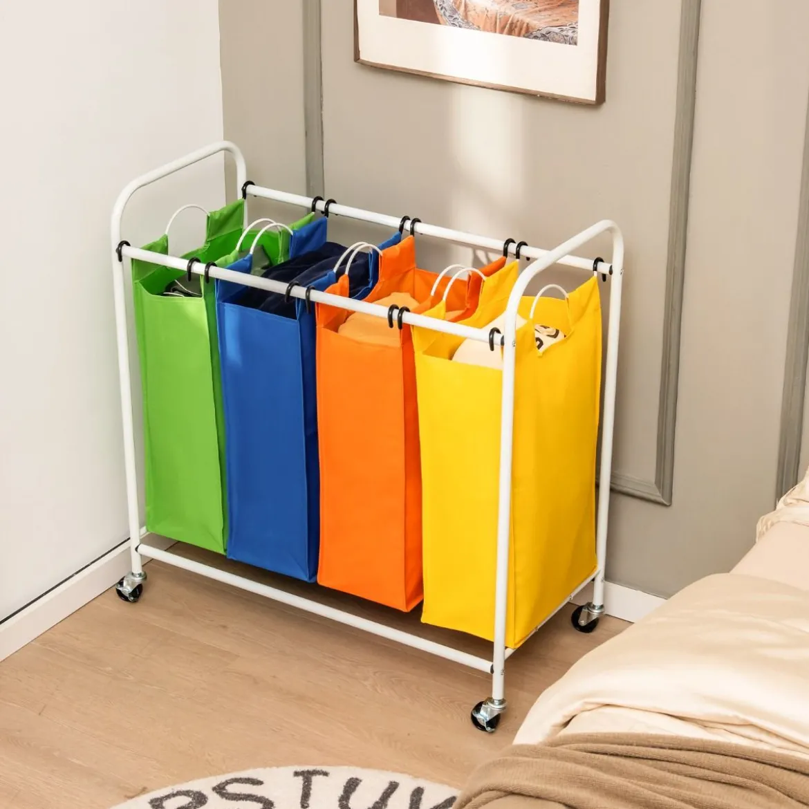 136L Wäschekörb mit 4 abnehmbaren 34L Wäschesack & Rädern 82 x 30 x 85 cm