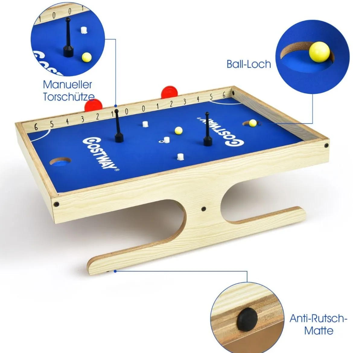 Magnetischer Mini Kickertisch mit 2 Bällen & 2 magnetischen Griffen für 2 Spieler Natur+Blau