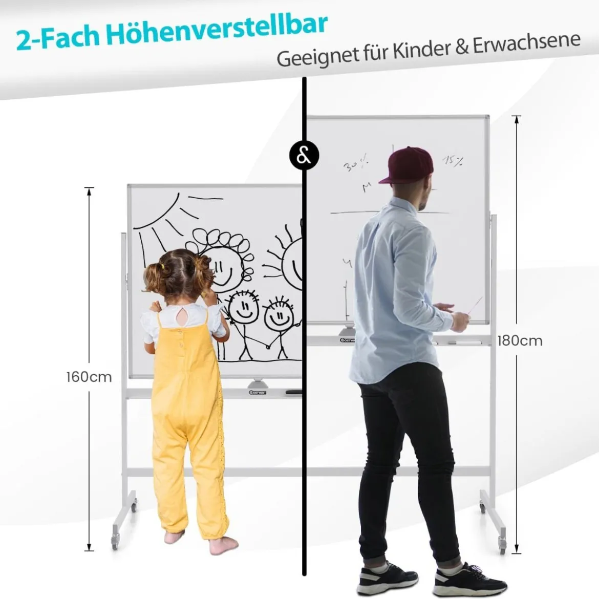 Magnetisches doppelseitiges Whiteboard mit Rädern für das Klassenzimmer im Büro und zu Hause