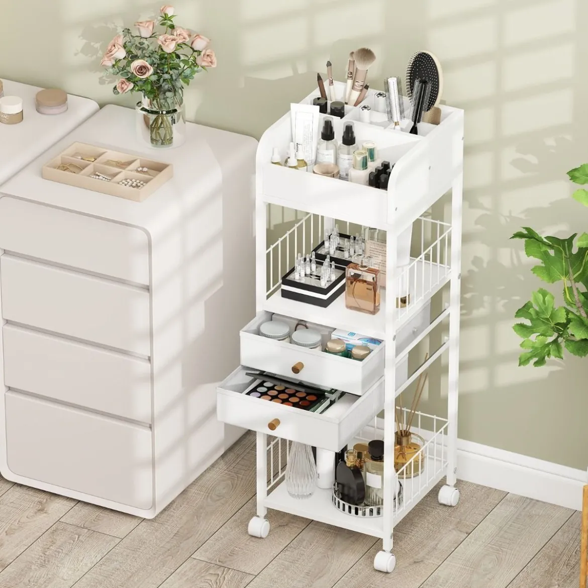 Makeup Aufbewahrungswagen mit Schubladen & Rädern & Ablageflächen Kosmetik Organizer