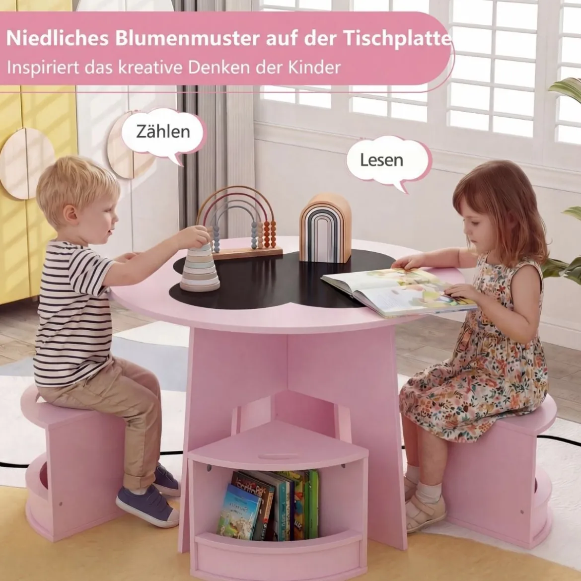 Maltisch für Kinderzimmer Kindertisch und Stuhl Set rund 5 teilige Kindersitzgruppe Rosa