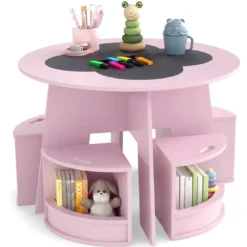 Maltisch für Kinderzimmer Kindertisch und Stuhl Set rund 5 teilige Kindersitzgruppe Rosa