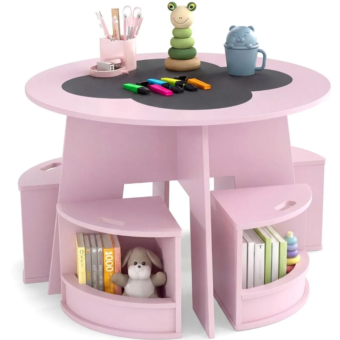 Maltisch für Kinderzimmer Kindertisch und Stuhl Set rund 5 teilige Kindersitzgruppe Rosa