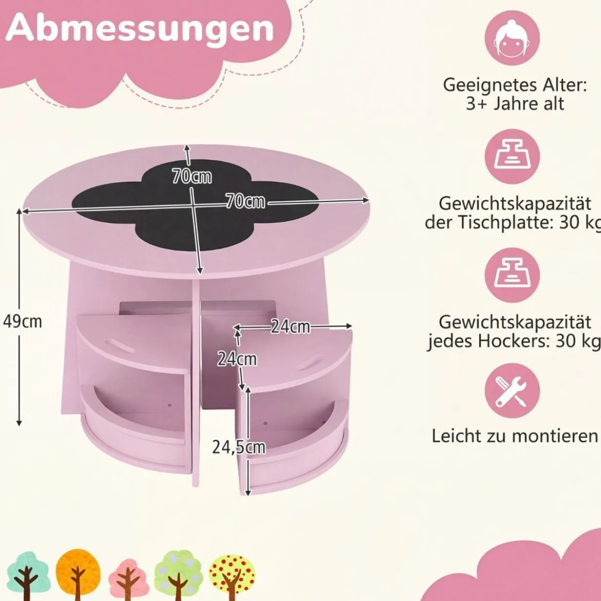 Maltisch für Kinderzimmer Kindertisch und Stuhl Set rund 5 teilige Kindersitzgruppe Rosa