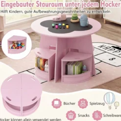 Maltisch für Kinderzimmer Kindertisch und Stuhl Set rund 5 teilige Kindersitzgruppe Rosa