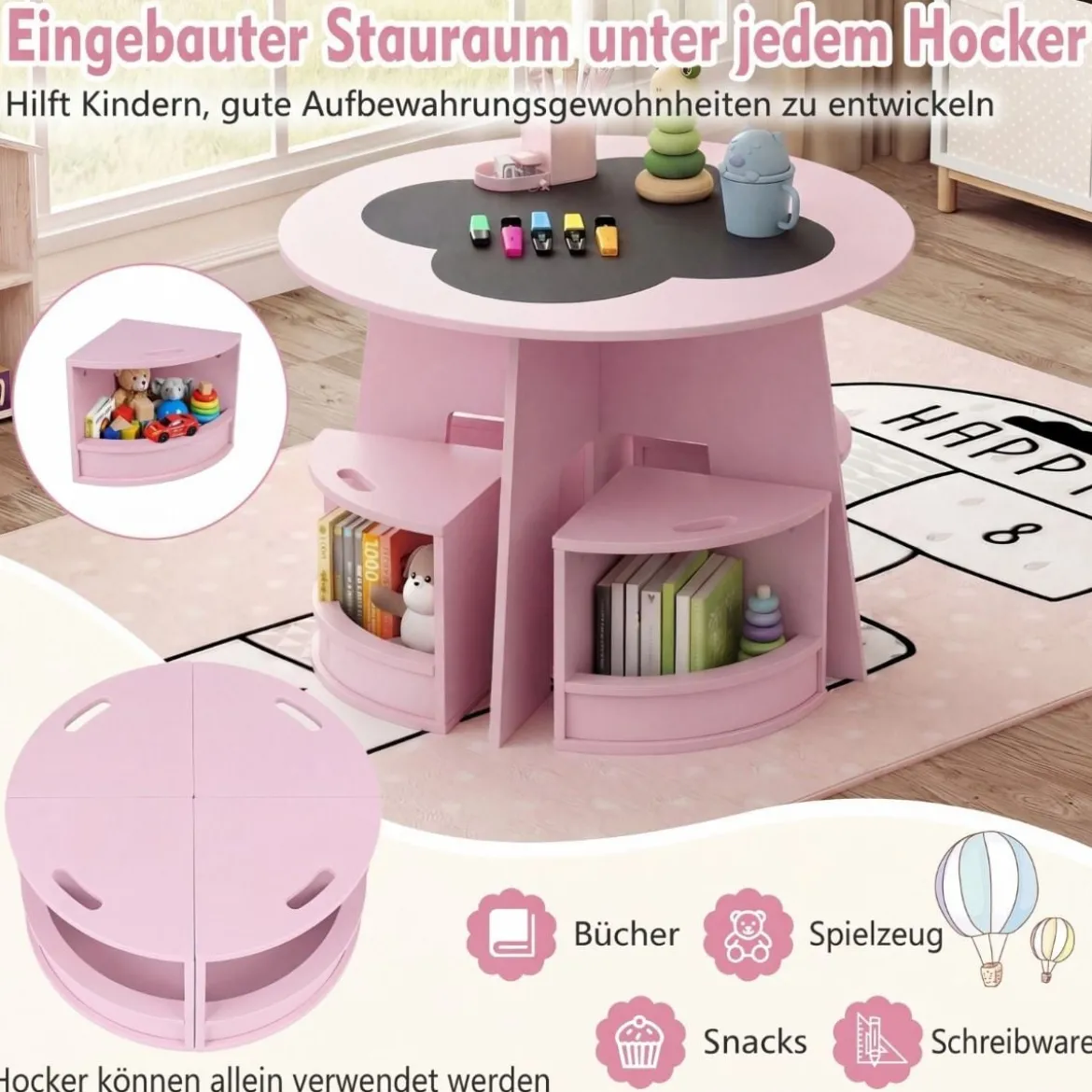 Maltisch für Kinderzimmer Kindertisch und Stuhl Set rund 5 teilige Kindersitzgruppe Rosa