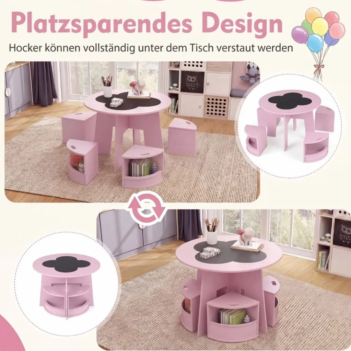 Maltisch für Kinderzimmer Kindertisch und Stuhl Set rund 5 teilige Kindersitzgruppe Rosa