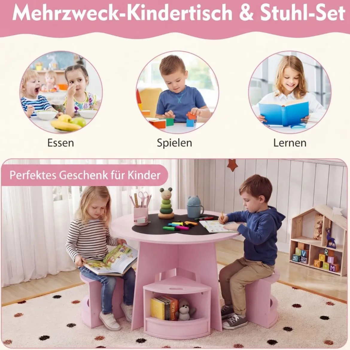 Maltisch für Kinderzimmer Kindertisch und Stuhl Set rund 5 teilige Kindersitzgruppe Rosa
