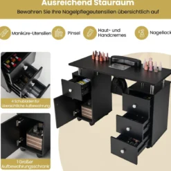 Maniküretisch mit Elektrischer Staubabsaugung & Handgelenkstütze & Schubladen Nageltisch Schwarz