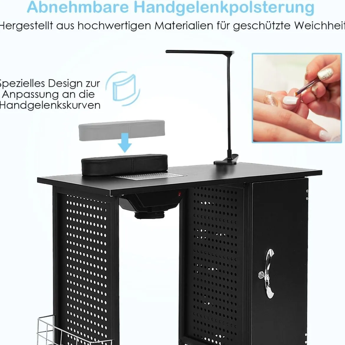 Maniküretisch mit Handgelenkauflage & 5 Schubladen & Lampe & Staubabsaugung