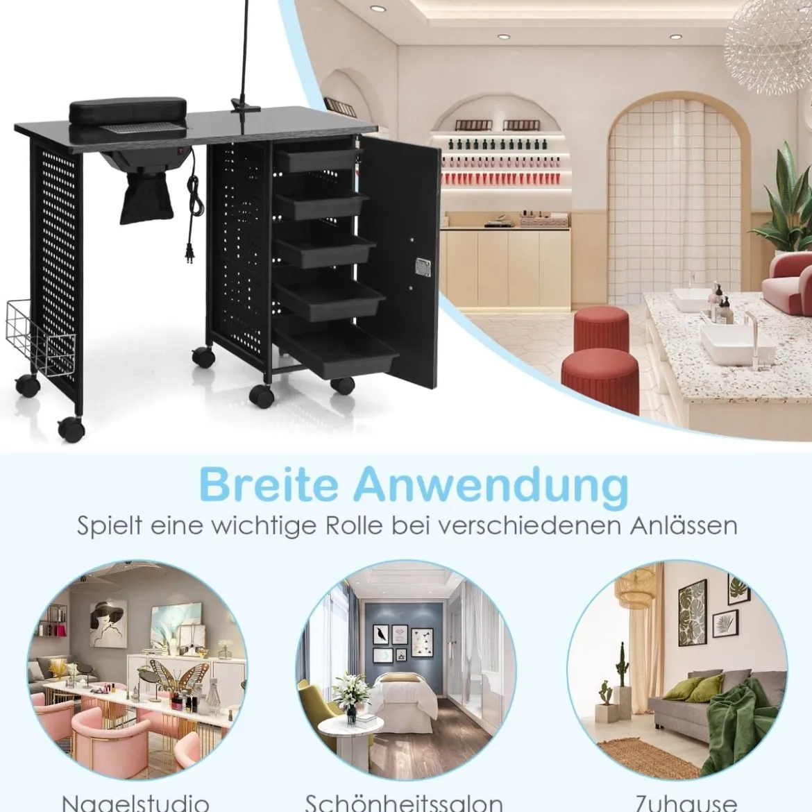 Maniküretisch mit Handgelenkauflage & 5 Schubladen & Lampe & Staubabsaugung