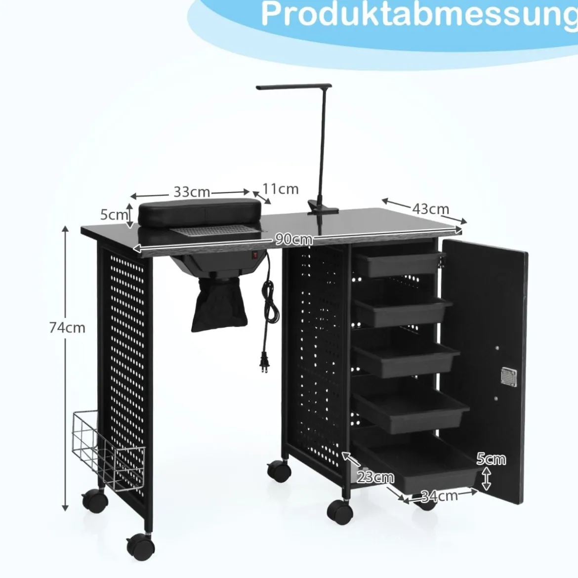 Maniküretisch mit Handgelenkauflage & 5 Schubladen & Lampe & Staubabsaugung