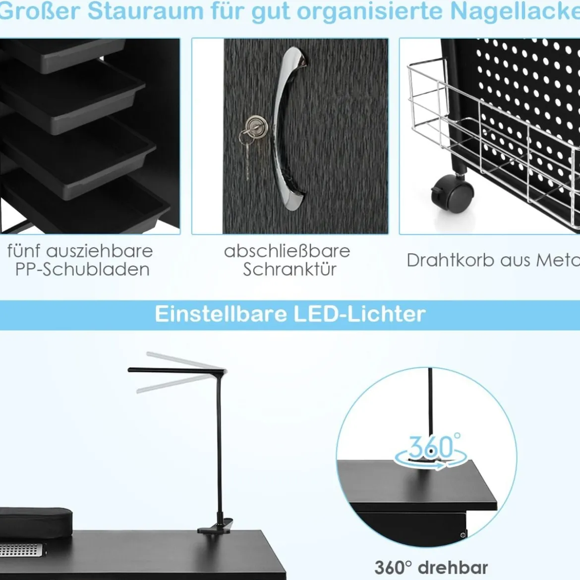 Maniküretisch mit Handgelenkauflage & 5 Schubladen & Lampe & Staubabsaugung