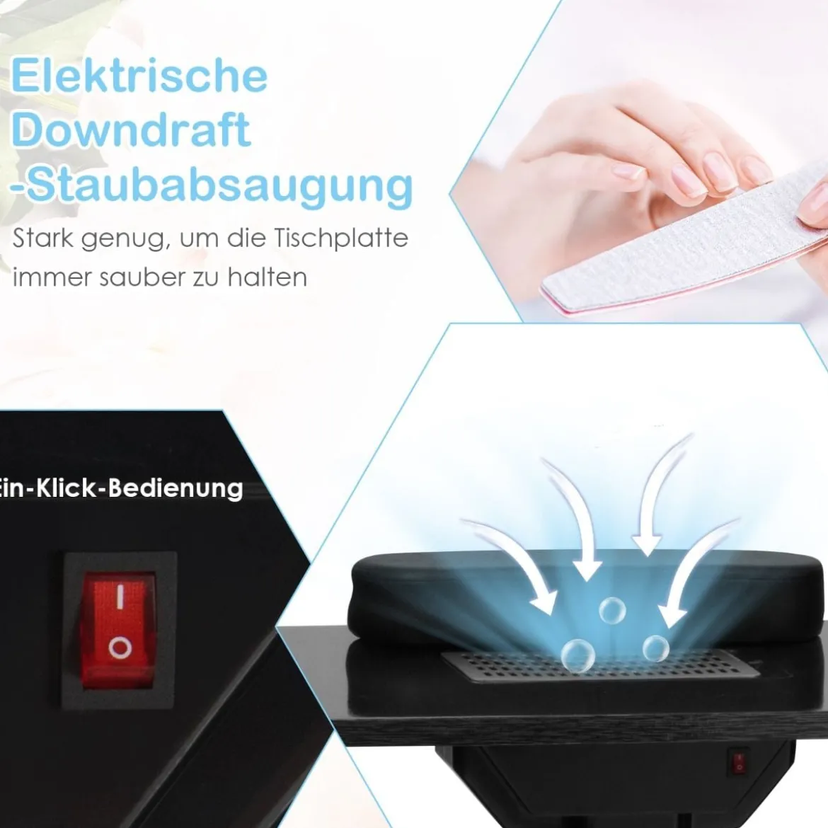 Maniküretisch mit Handgelenkauflage & 5 Schubladen & Lampe & Staubabsaugung