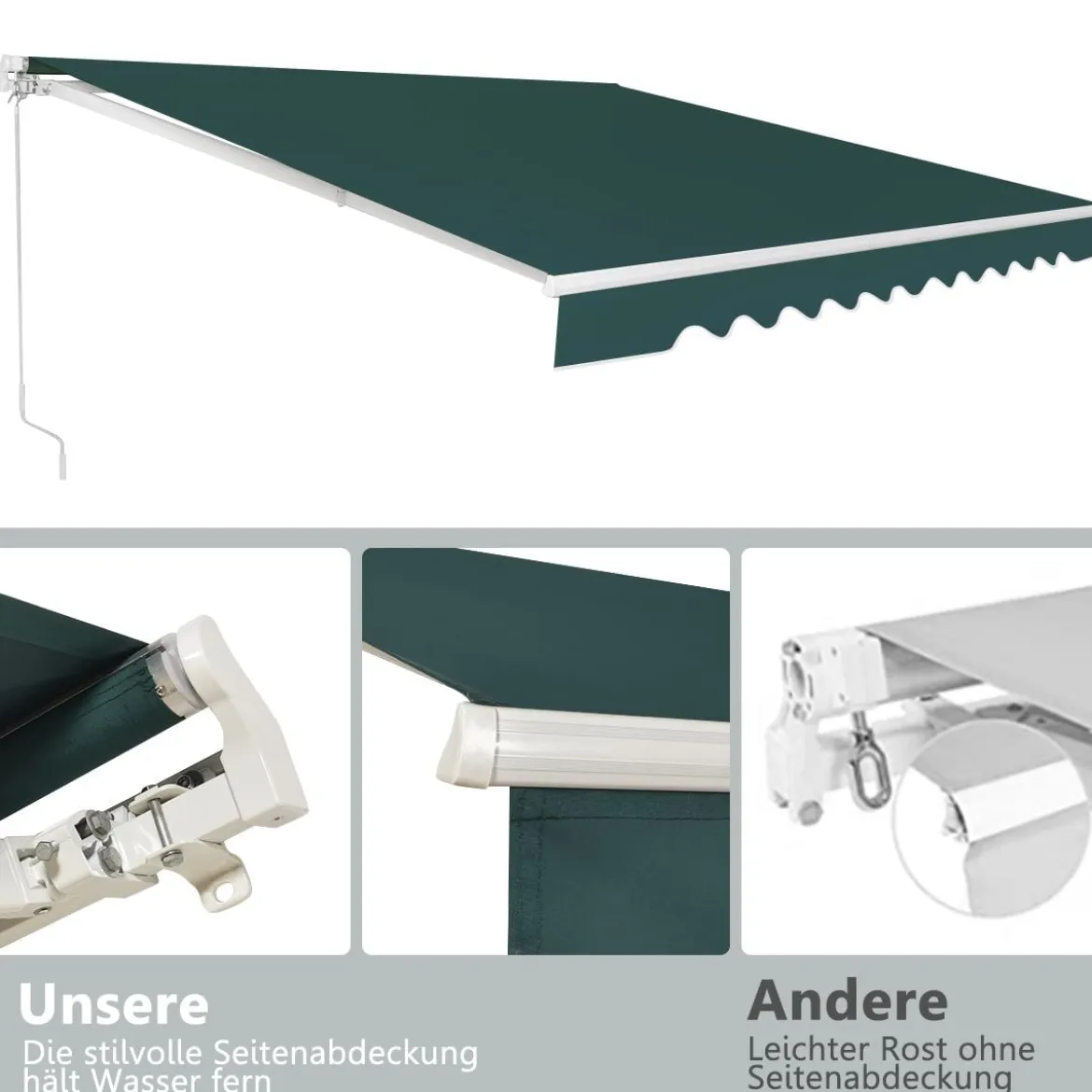 Markise mit kurbel Manuell Einziehbare Markise Abdeckung Balkonmarkise Sonnenschutz 2,5 x 2 m Grün
