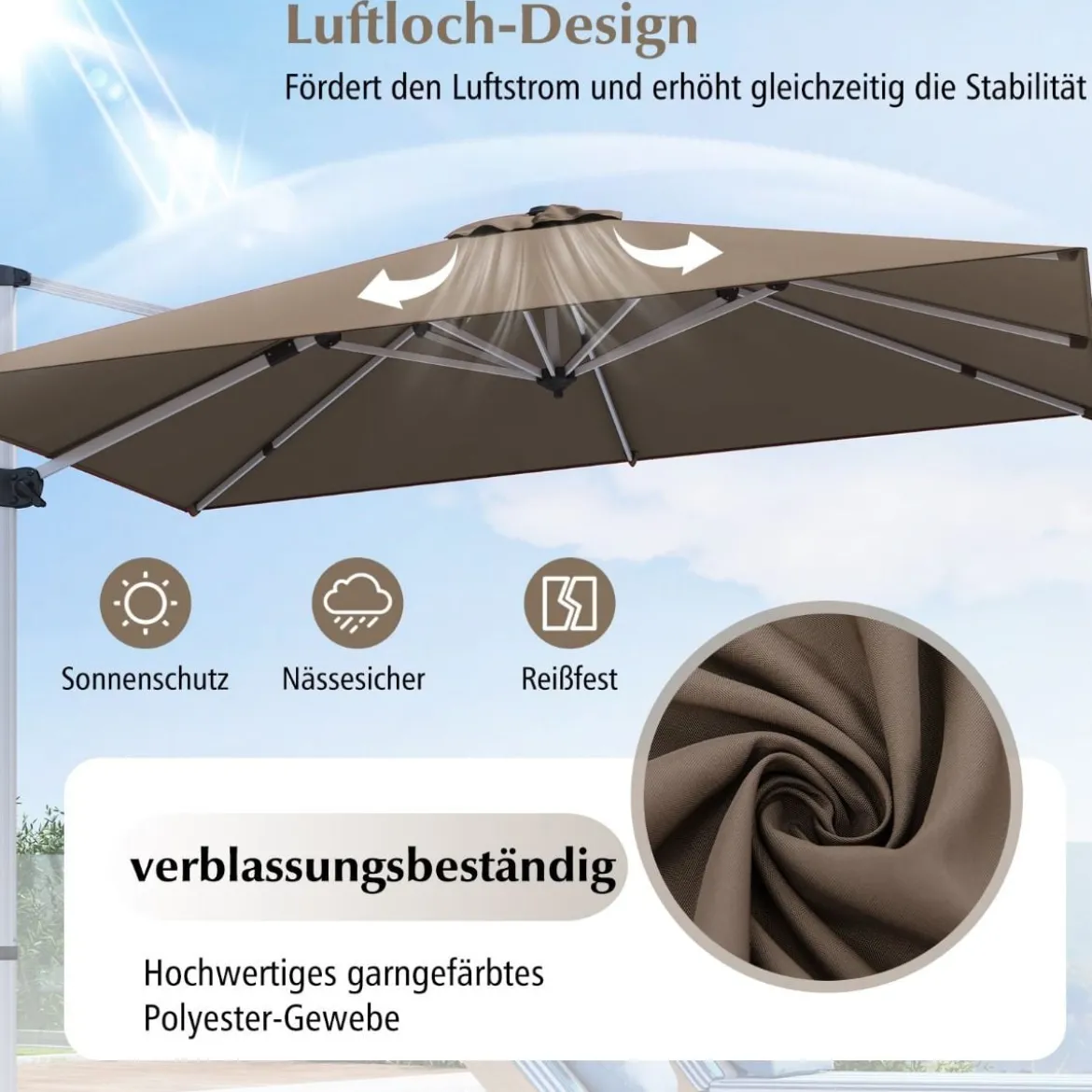 Marktschirm mit Kurbel & 360° Drehung für Garten und Poolbereiche 300 x 300 cm Braun