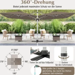 Marktschirm mit Kurbel & 360° Drehung für Garten und Poolbereiche 300 x 300 cm Braun