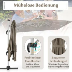 Marktschirm mit Kurbel & 360° Drehung für Garten und Poolbereiche 300 x 300 cm Braun