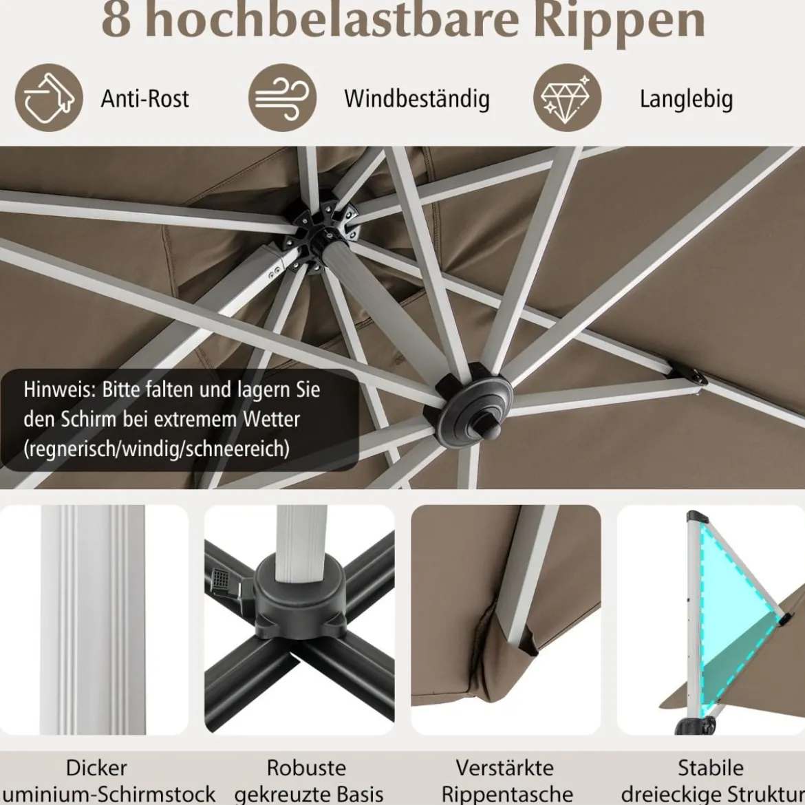 Marktschirm mit Kurbel & 360° Drehung für Garten und Poolbereiche 300 x 300 cm Braun