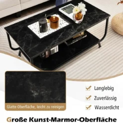 Marmor Couchtisch Rechteckiger Couchtisch mit 2 Ebenen 105 x 55 x 46,5 cm Schwarz