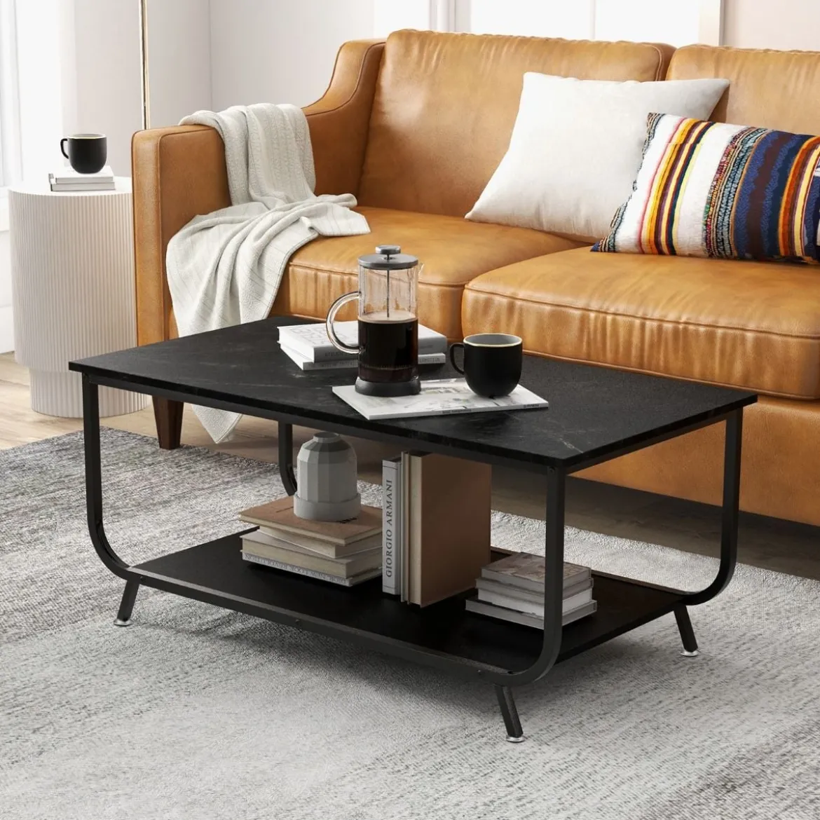 Marmor Couchtisch Rechteckiger Couchtisch mit 2 Ebenen 105 x 55 x 46,5 cm Schwarz
