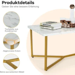 Marmor Optik Couchtisch mit Goldenem Metallgestell & Verstellbaren Fußpolstern Kaffeetisch