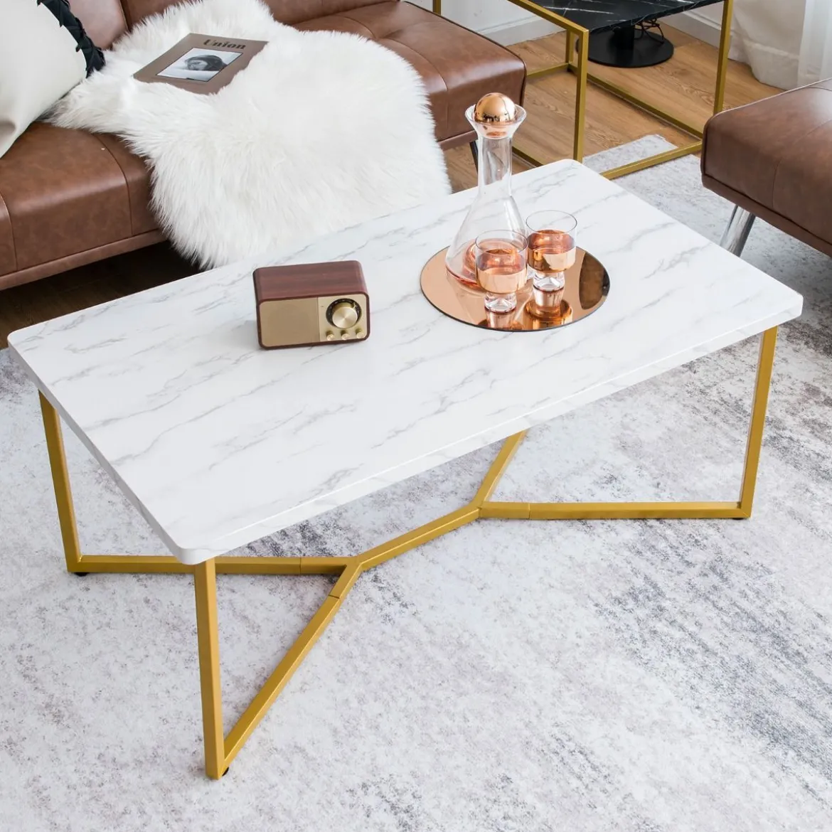 Marmor Optik Couchtisch mit Goldenem Metallgestell & Verstellbaren Fußpolstern Kaffeetisch