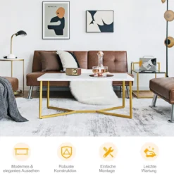 Marmor Optik Couchtisch mit Goldenem Metallgestell & Verstellbaren Fußpolstern Kaffeetisch